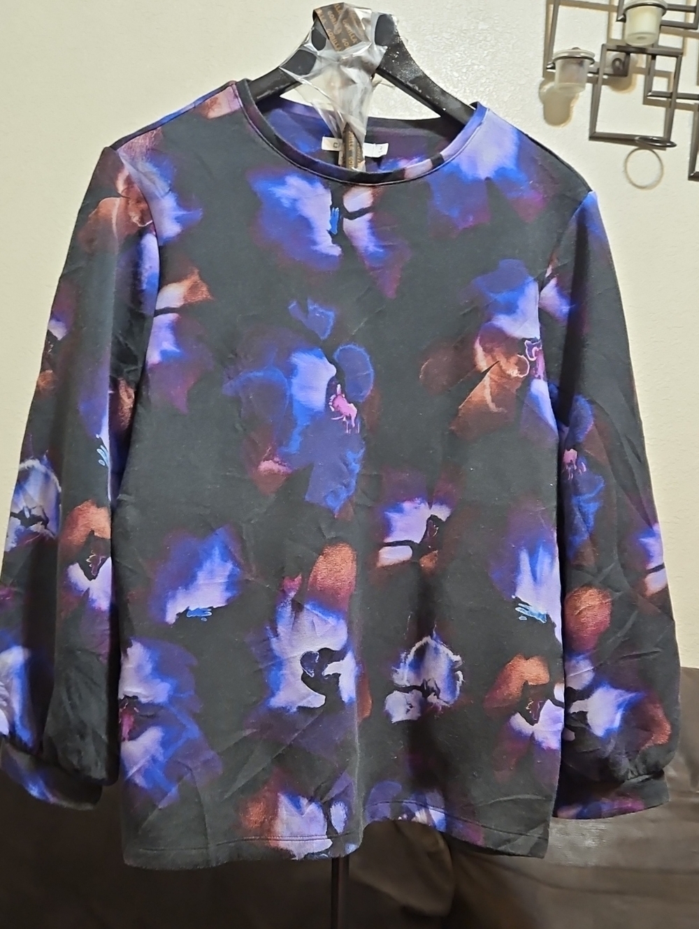 Chico's Black Tunic with Blue and Copper Floral Brushstrokes